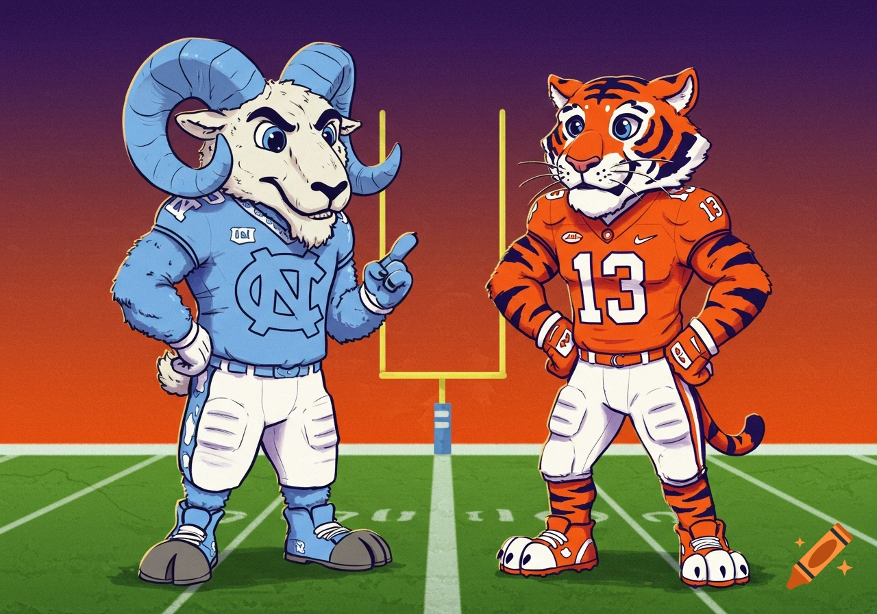 A cartoon ram mascot in a light blue jersey faces a cartoon tiger mascot in an orange number 13 jersey on a football field.