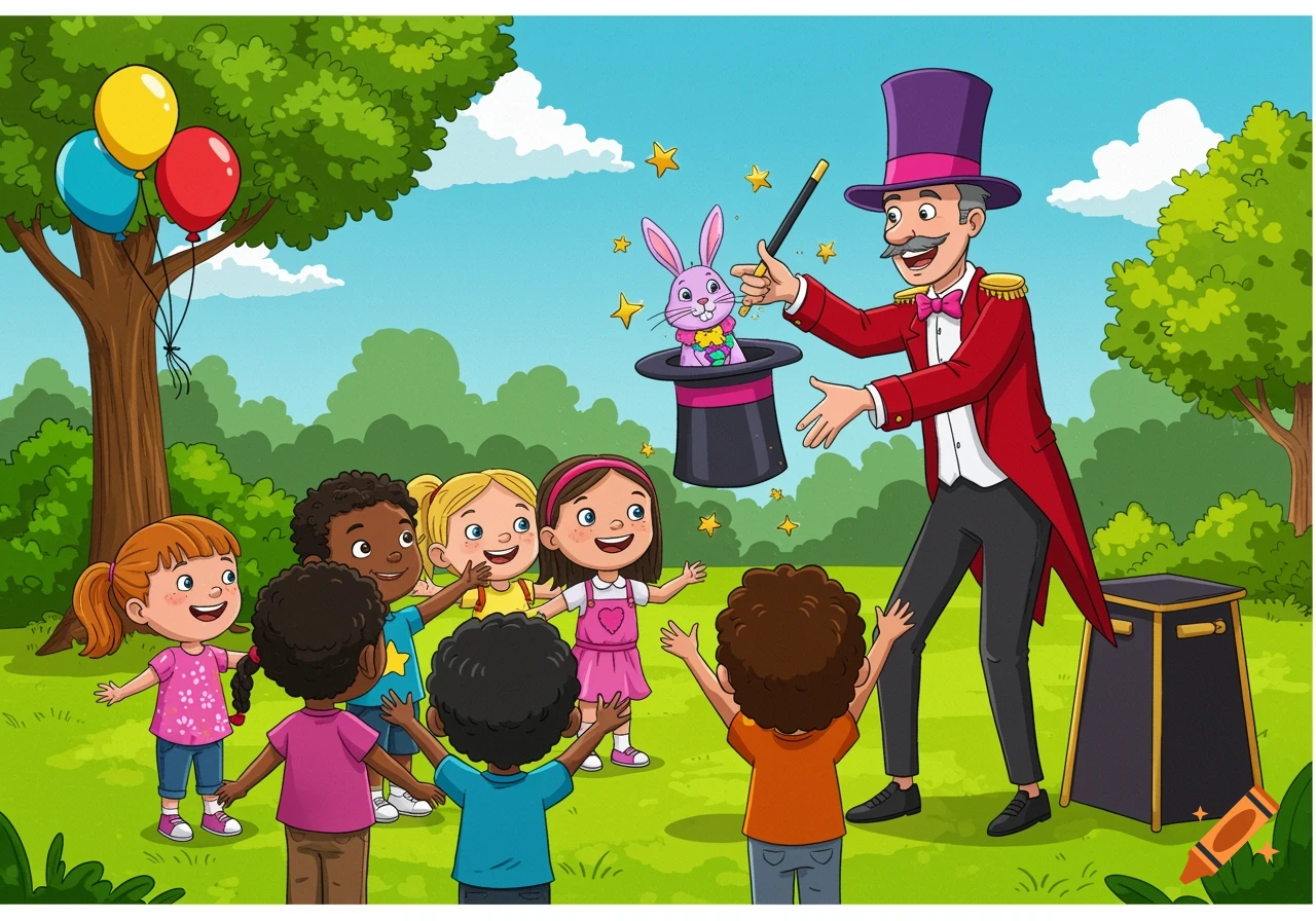 Cartoon of a magician pulling a rabbit from a hat for an audience of ...