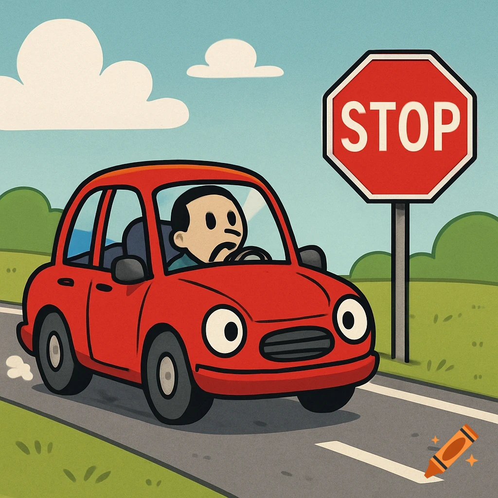 Cartoon red car driving towards a stop sign.