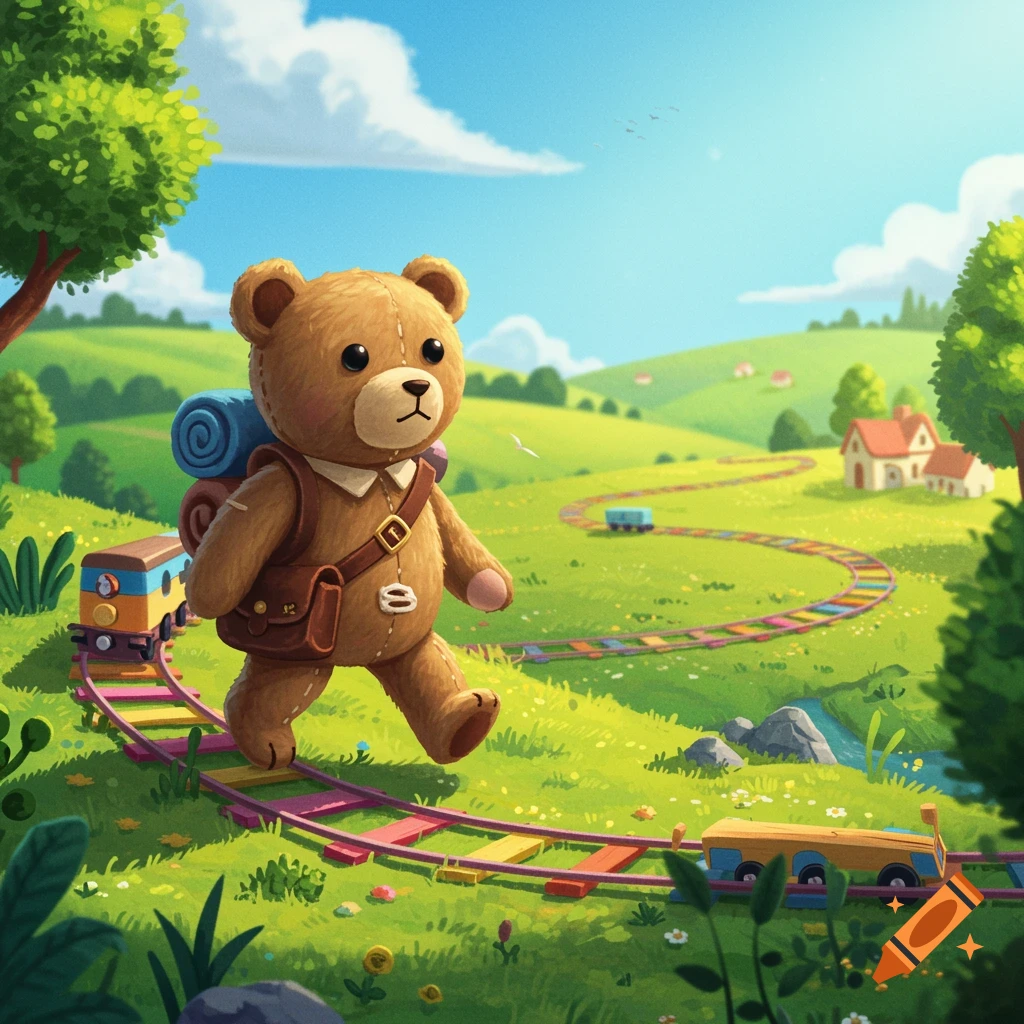 A teddy bear with a backpack walks along a toy train track through a sunny, grassy landscape.