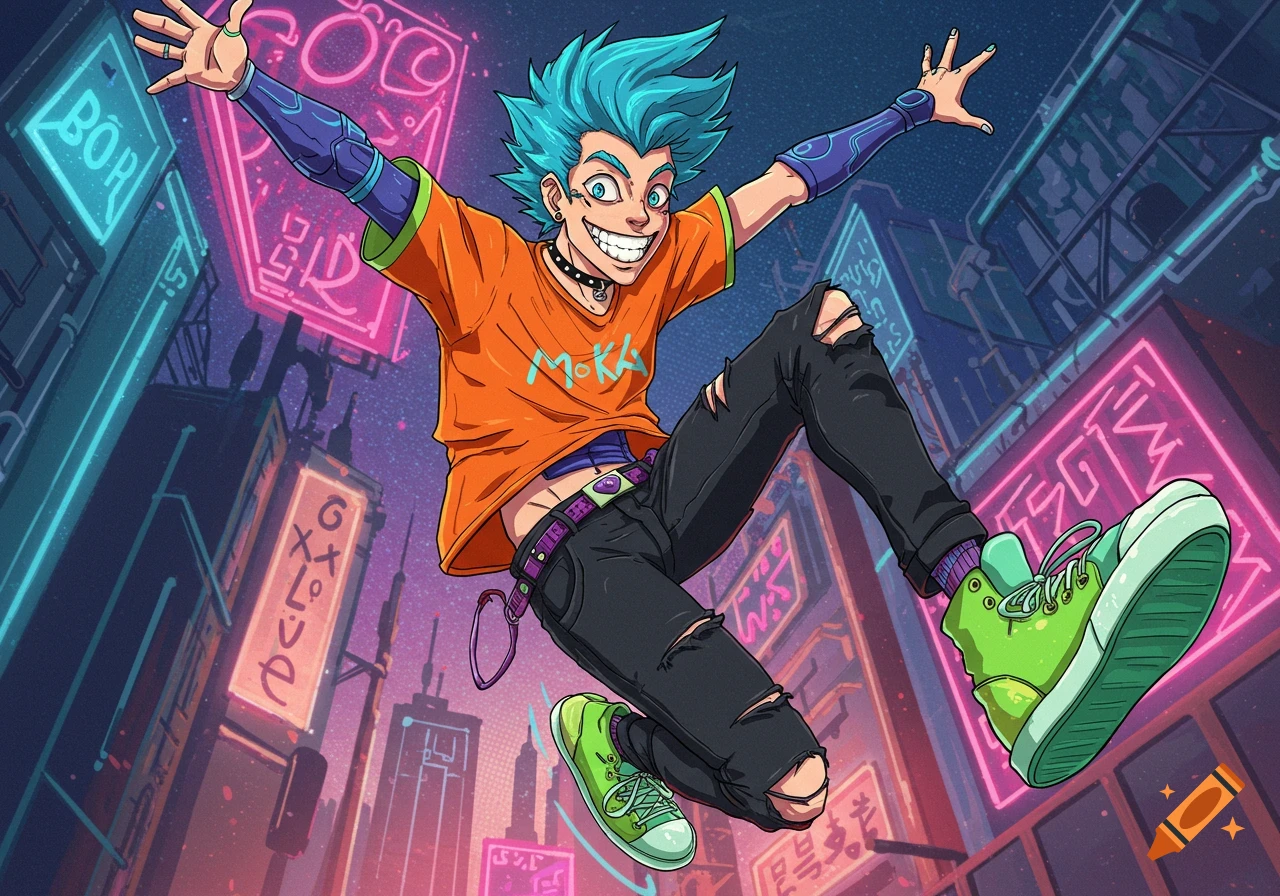 Stylized illustration of a person with blue hair jumping high in a neon-lit city at night
