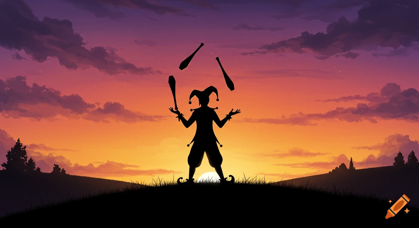 Silhouette illustration of a jester juggling on a hill at sunset.