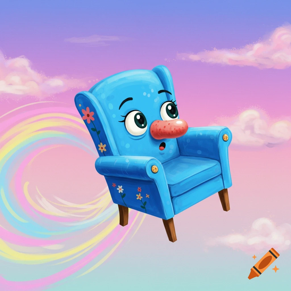 Cartoon blue armchair with a face flying in a colorful sky