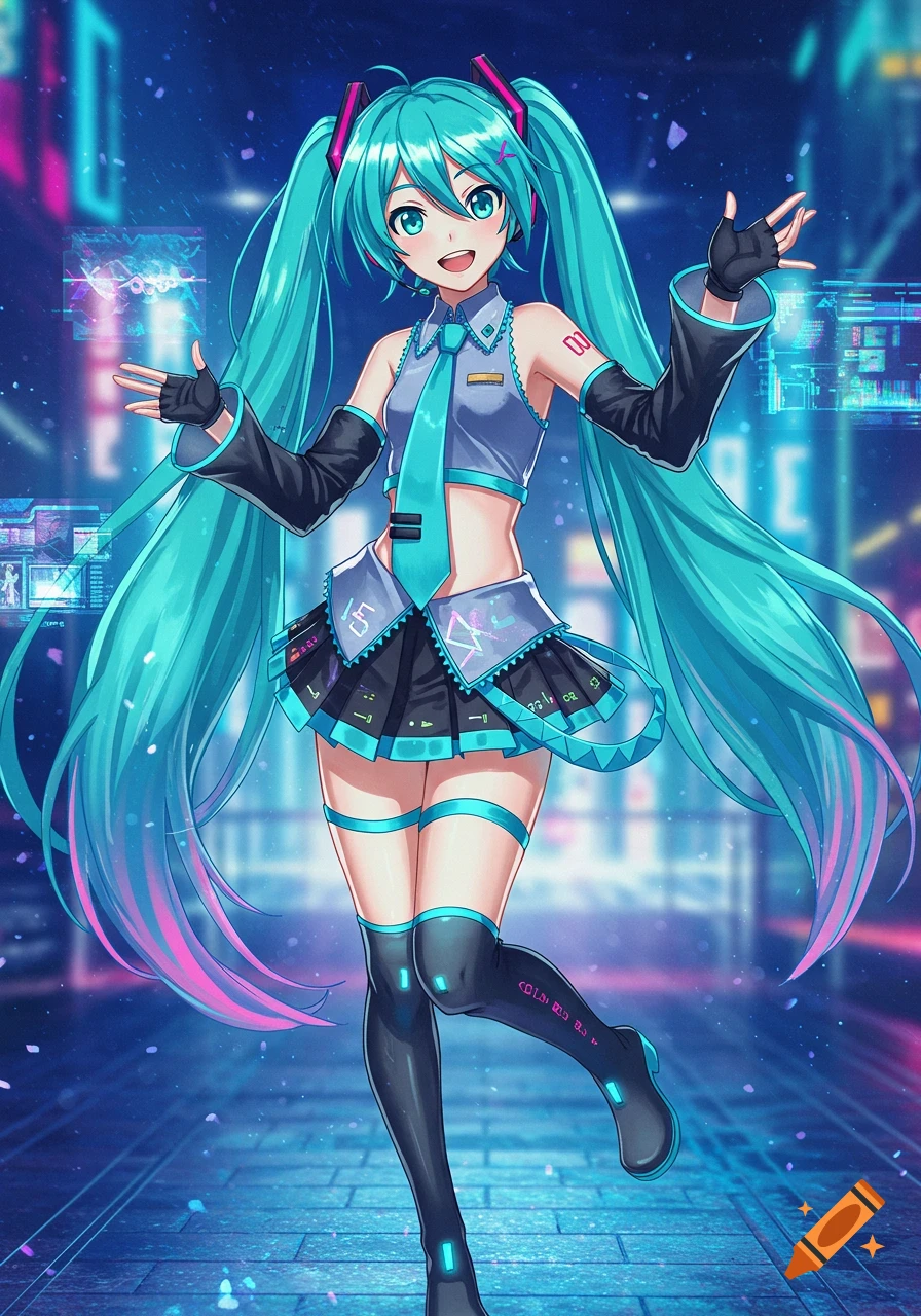 Anime art of Hatsune Miku with long blue twintails in a cyber street background.