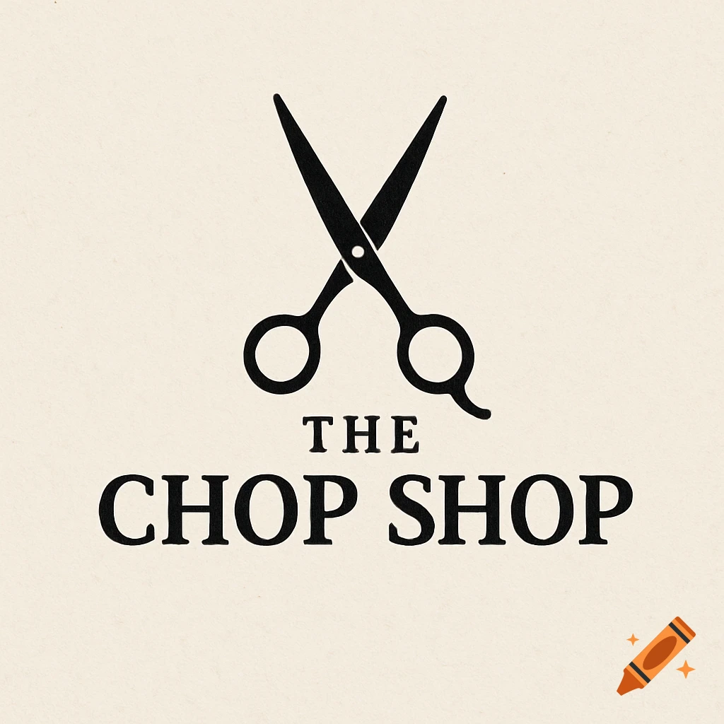 Minimalist logo for The Chop Shop hair salon featuring black scissors on a beige background.