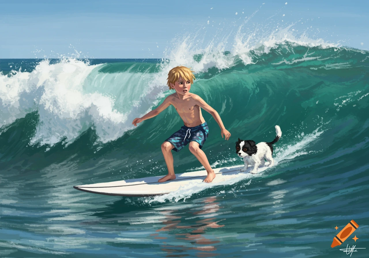 An illustration of a young boy and a black and white dog surfing on a large green wave.