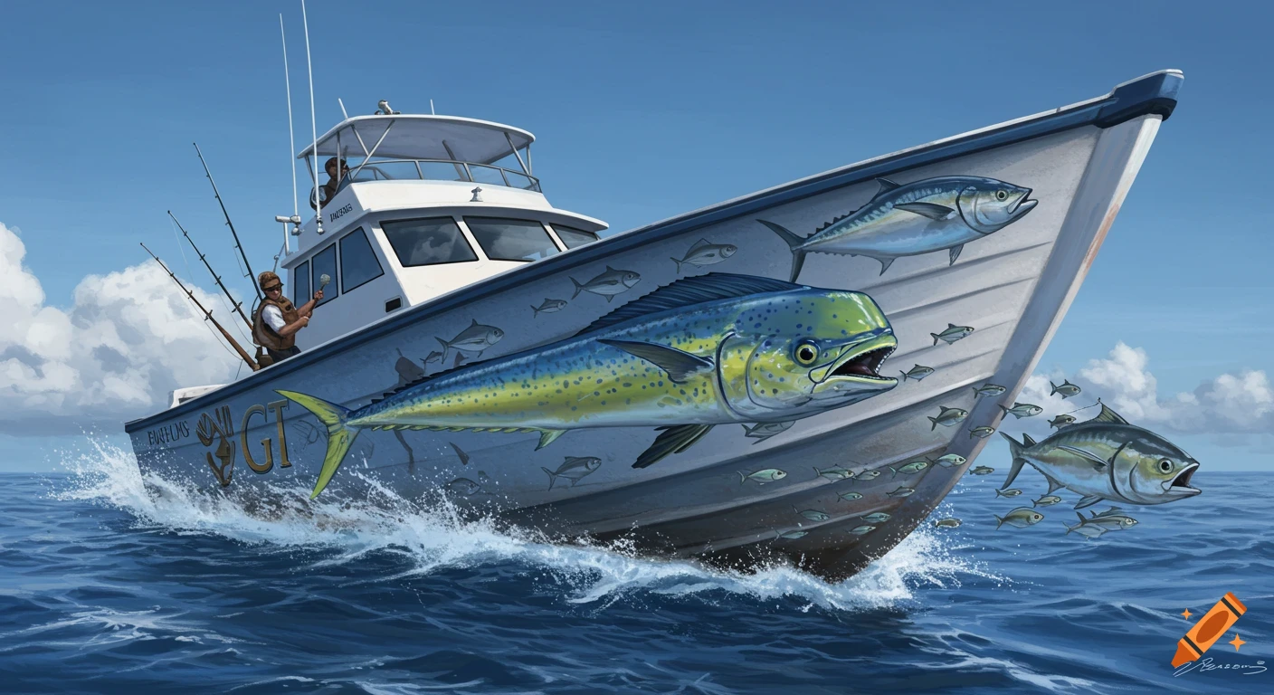 Illustration of a fishing boat with large fish painted on the hull chasing smaller fish, with a fisherman onboard.