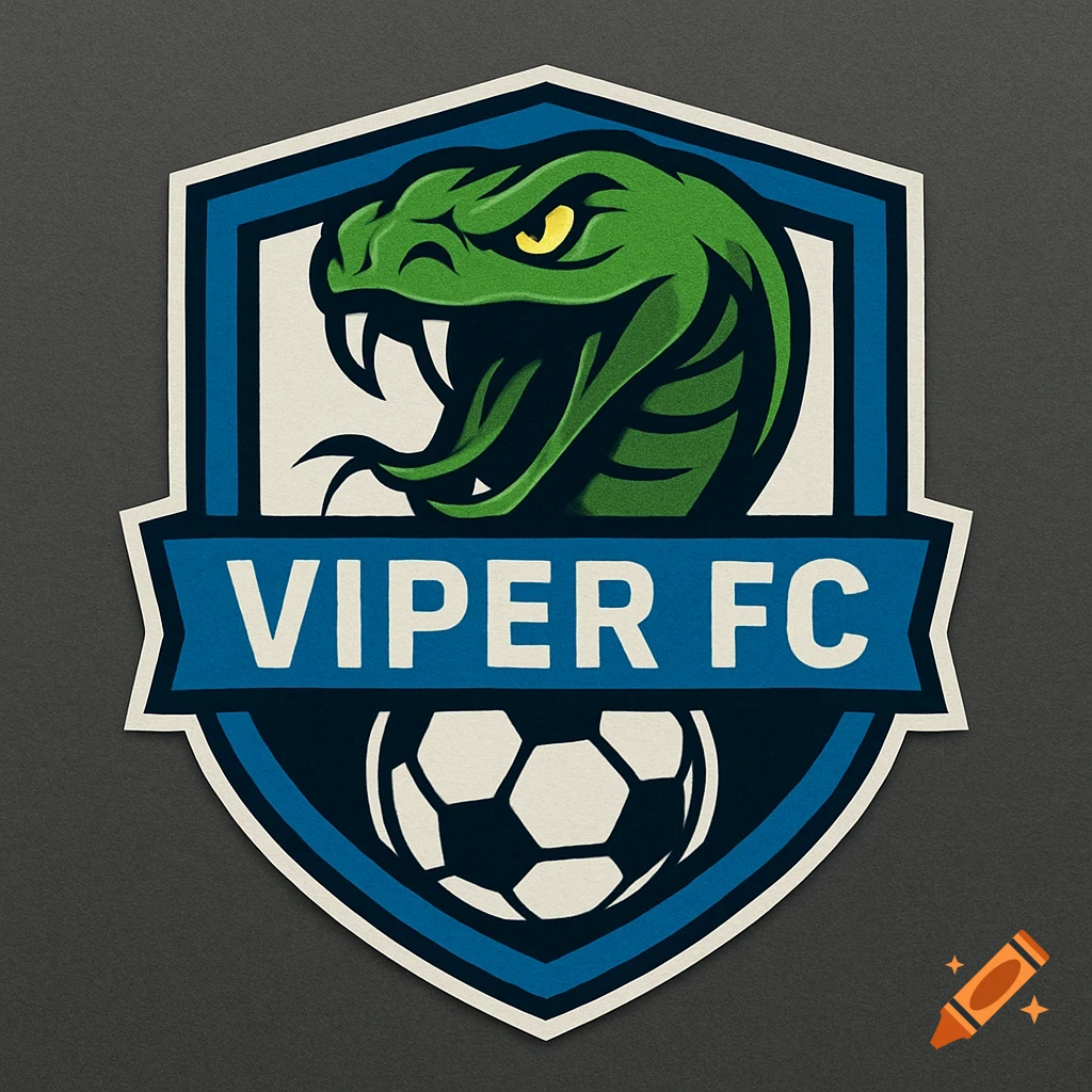 A sports logo shield featuring a green viper head, the text "VIPER FC", and a soccer ball.