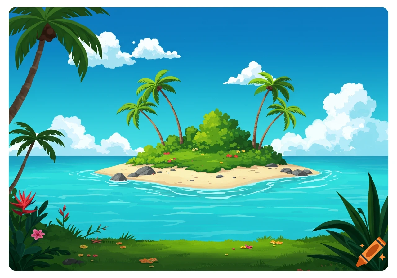 Cartoon tropical island with palm trees in the ocean against a blue sky