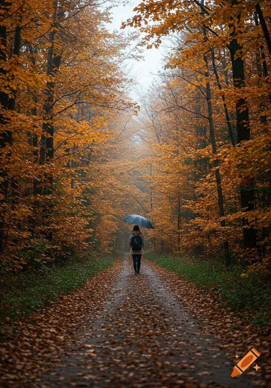 A person holding an umbrella walks down a leaf-covered path through an autumn forest.
