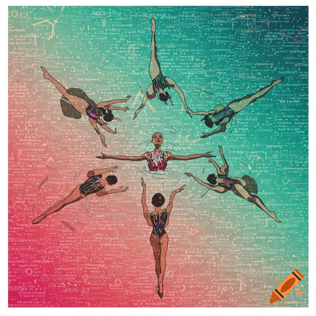 Stylized illustration of synchronized swimmers against a background of abstract text and symbols.