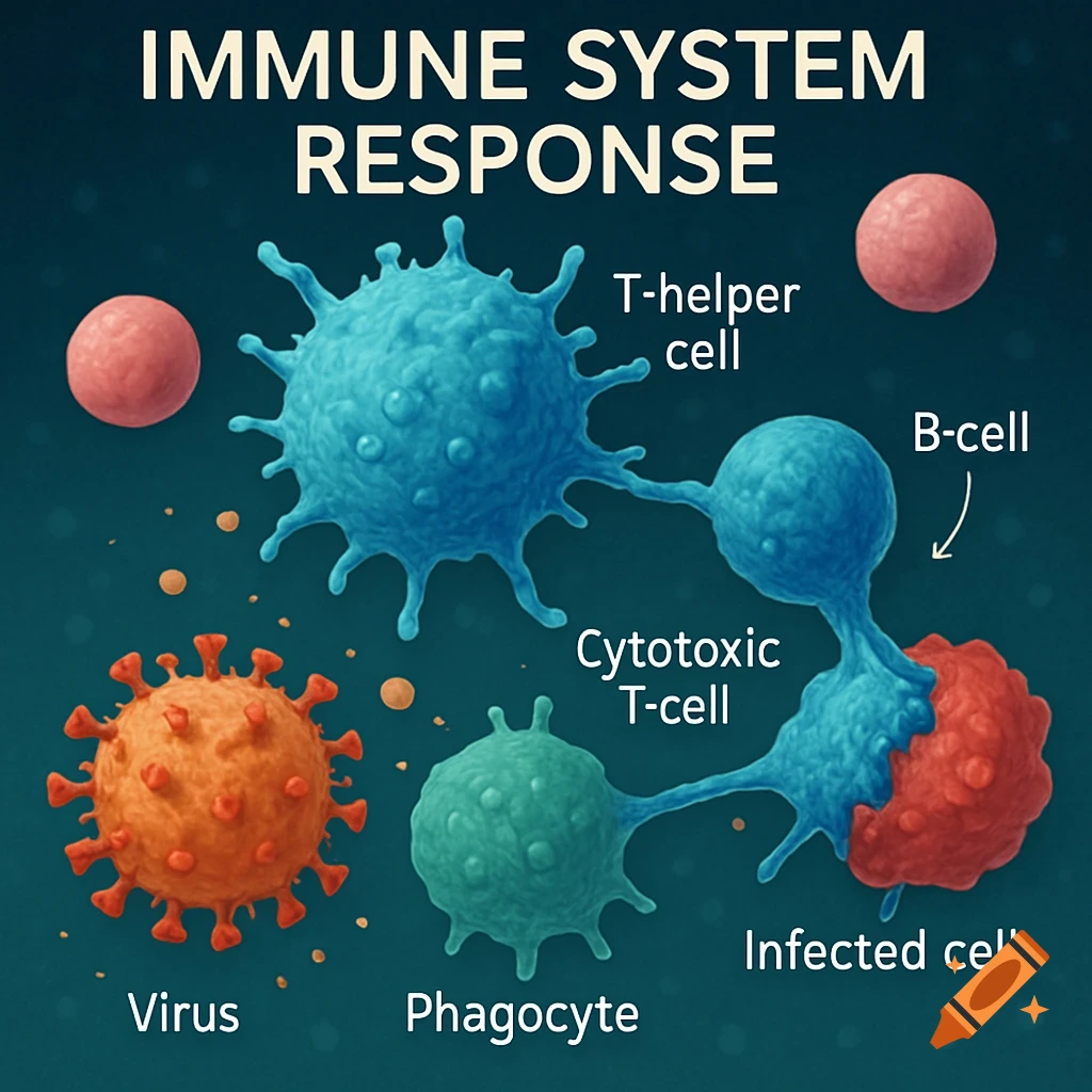 Illustration of the immune system response showing various cells and a virus.