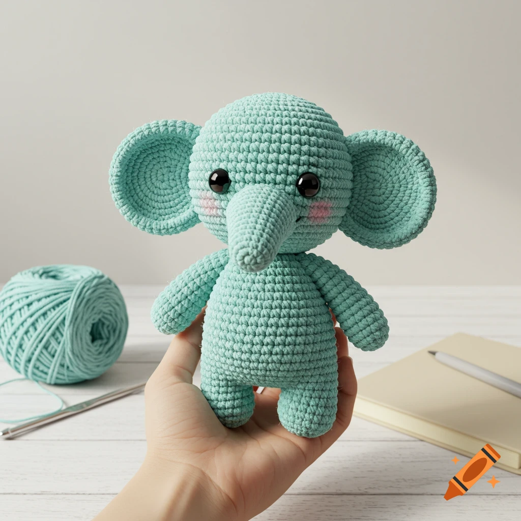 A hand holds a teal crochet elephant toy next to yarn, a hook, notebook, and pen on a table.