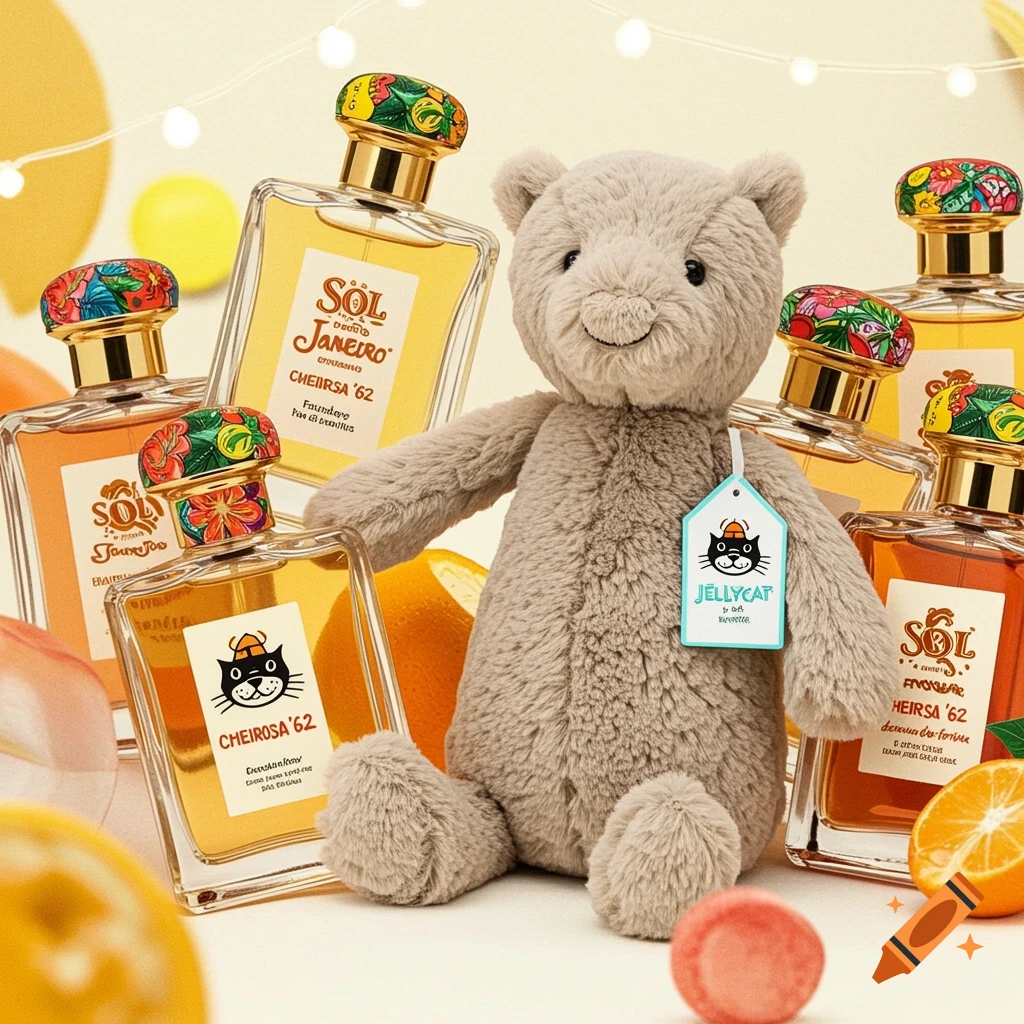 A fuzzy grey teddy bear sits surrounded by bottles of Sol de Janeiro perfume.