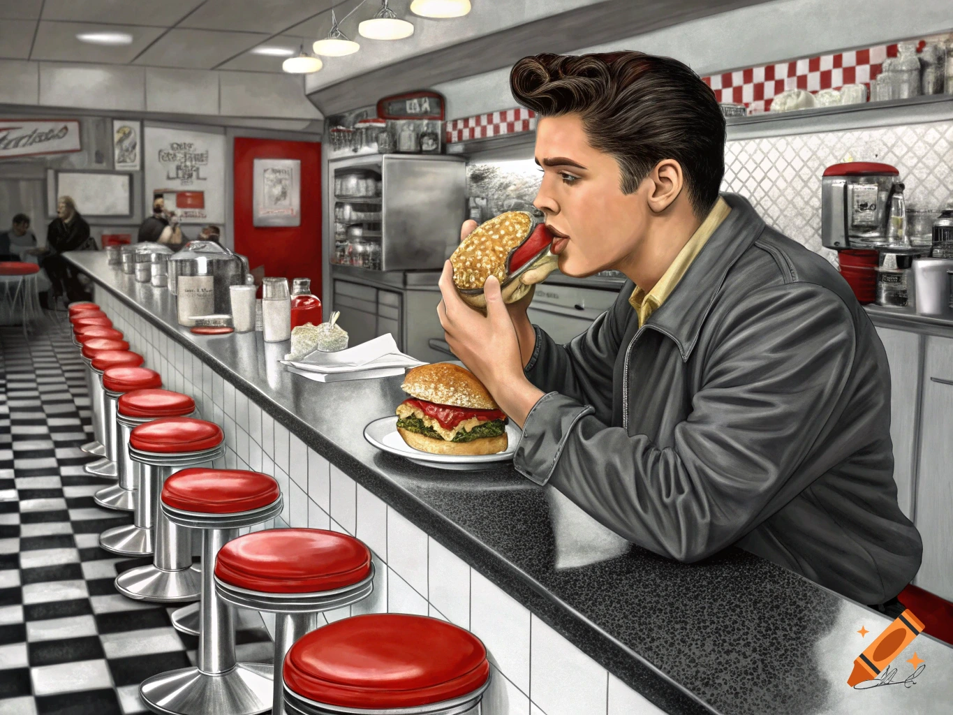 Illustration of a young man eating a burger at the counter of a retro diner.
