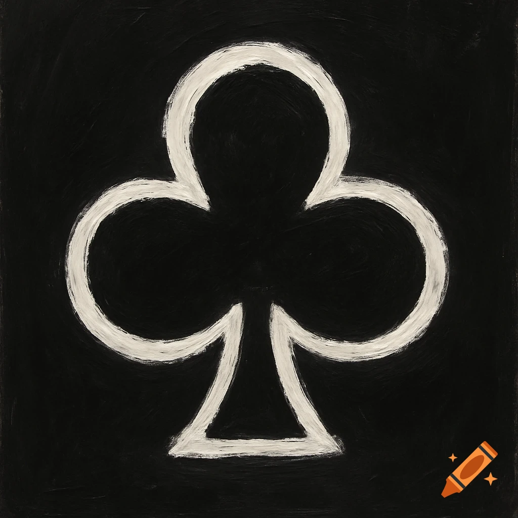 A white club playing card symbol on a black background with a painterly texture.