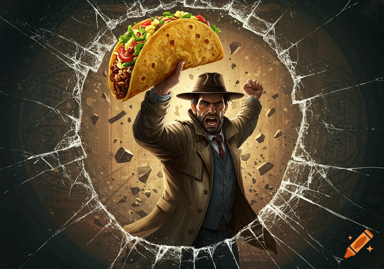 A man in a hat and trench coat breaks through cracked glass, holding a taco aloft.