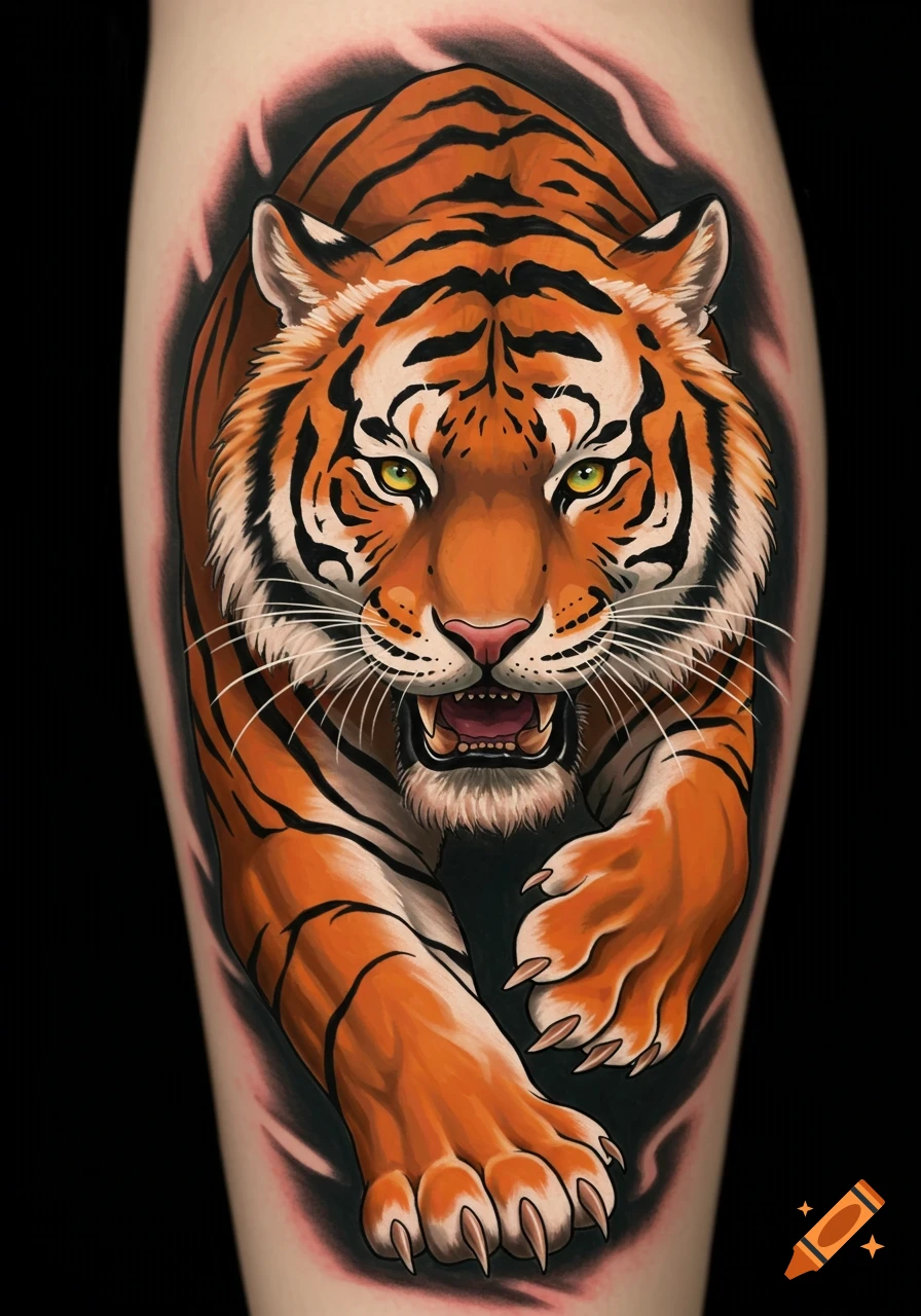 A detailed tiger tattoo design on skin.