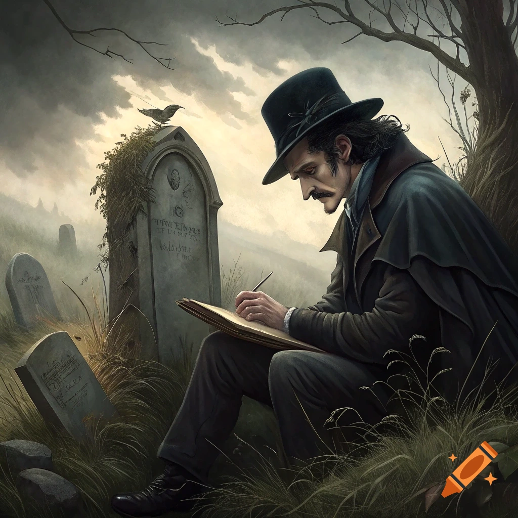 A man in a top hat and cape sits writing in a book next to a gravestone in a cemetery, with a crow perched on the stone.