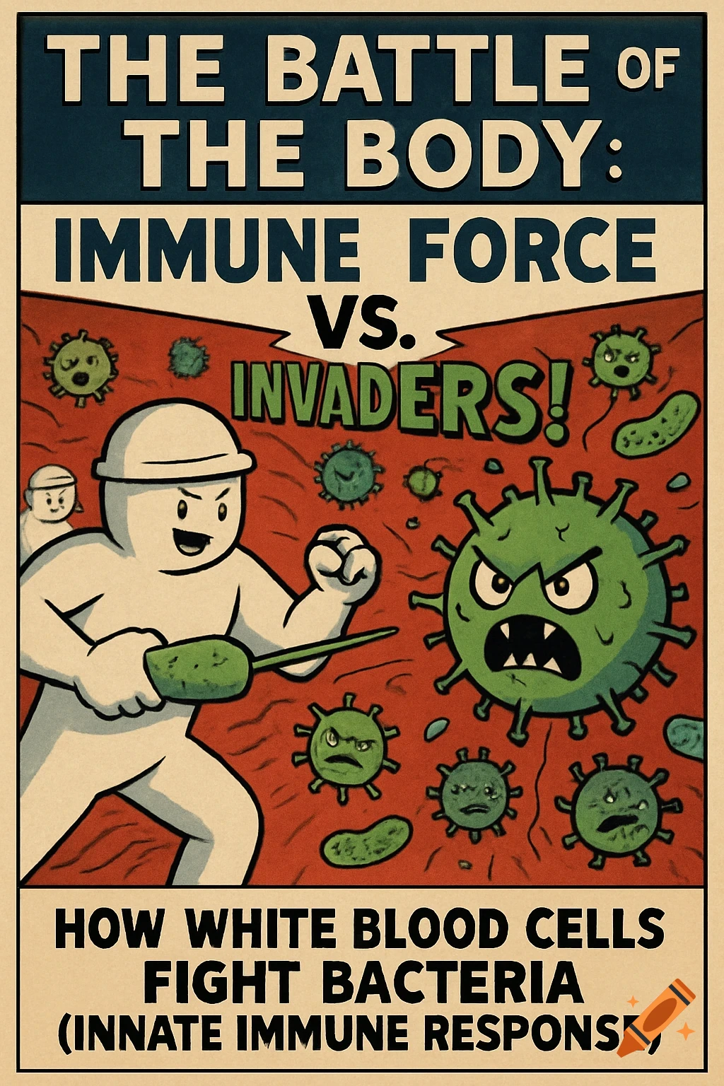 Cartoon poster of a white blood cell fighting bacteria and viruses, with text titles about the immune system.