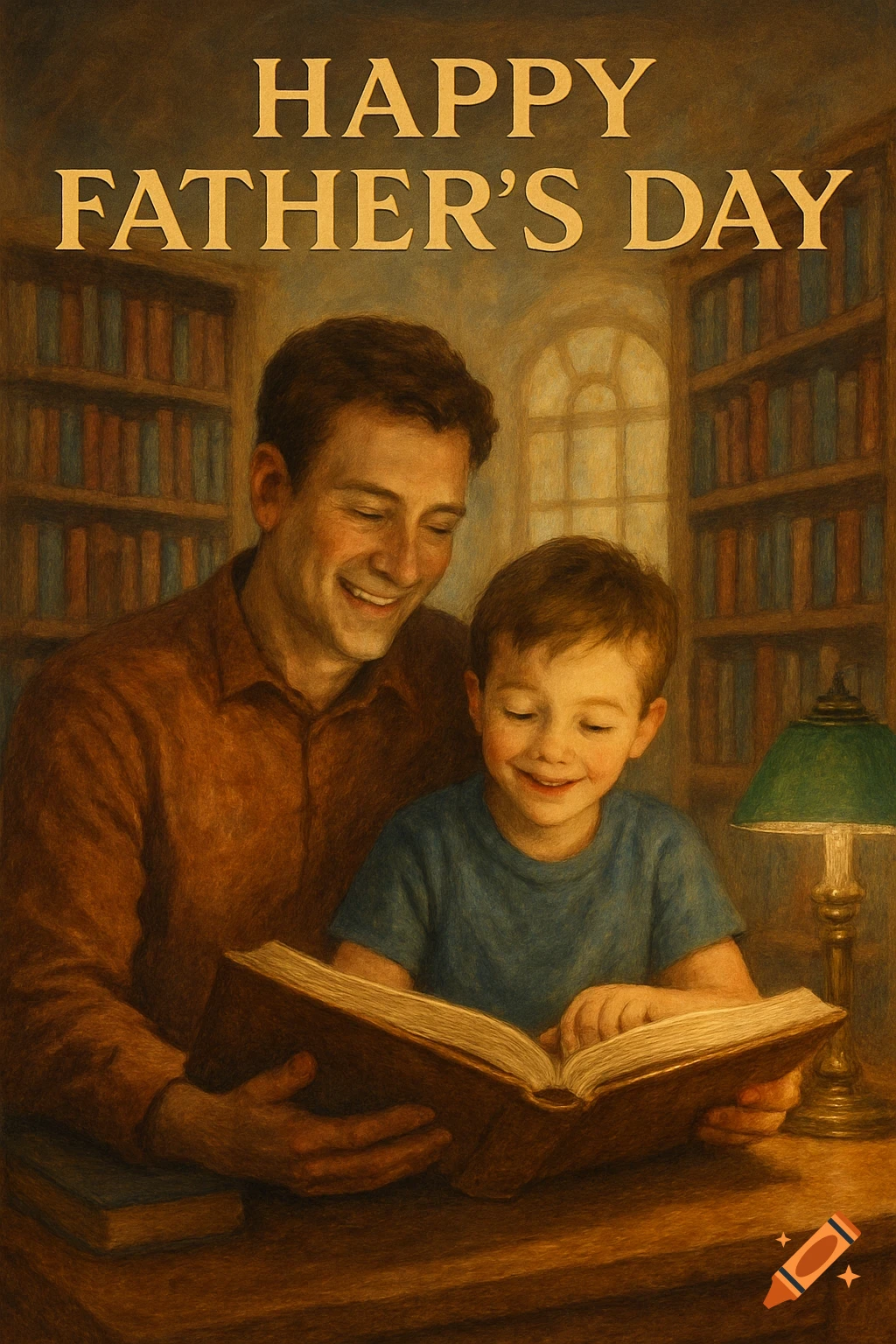 A father and son read a book together in a library. 'HAPPY FATHER'S DAY' text above.