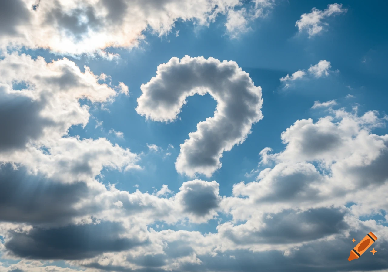 Clouds form a question mark shape in a blue sky with sunlight.