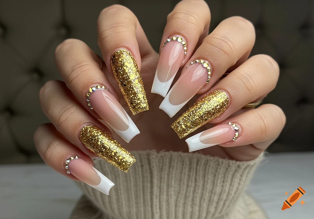 Close-up of a hand with long coffin acrylic nails in gold glitter and nude French with rhinestones.