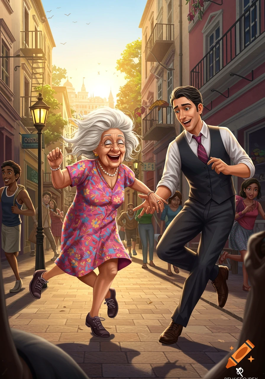 Elderly woman and man dancing joyfully on a cobblestone street in a sunny city scene, illustration style.