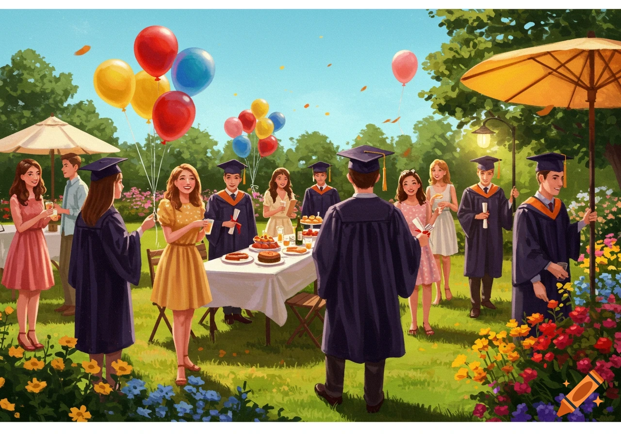 An outdoor summer graduation party with graduates in caps and gowns, guests, balloons, and food on a table.