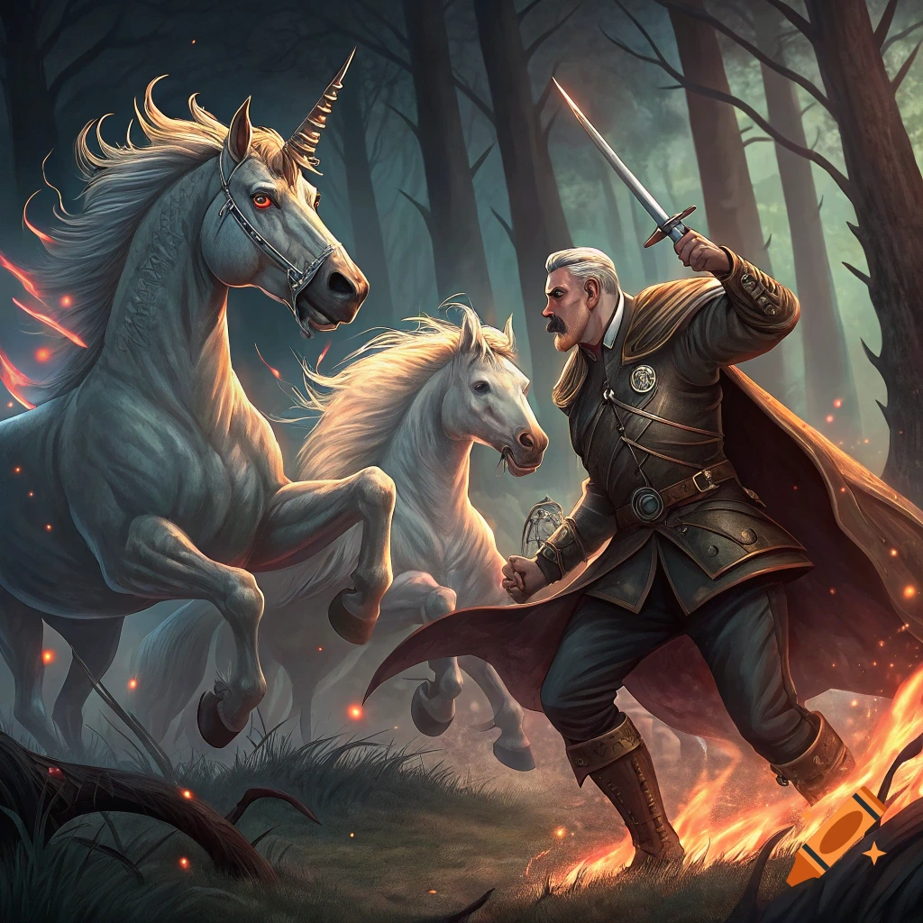 A man in a dark uniform fights two unicorns with a sword in a magical forest illustration.