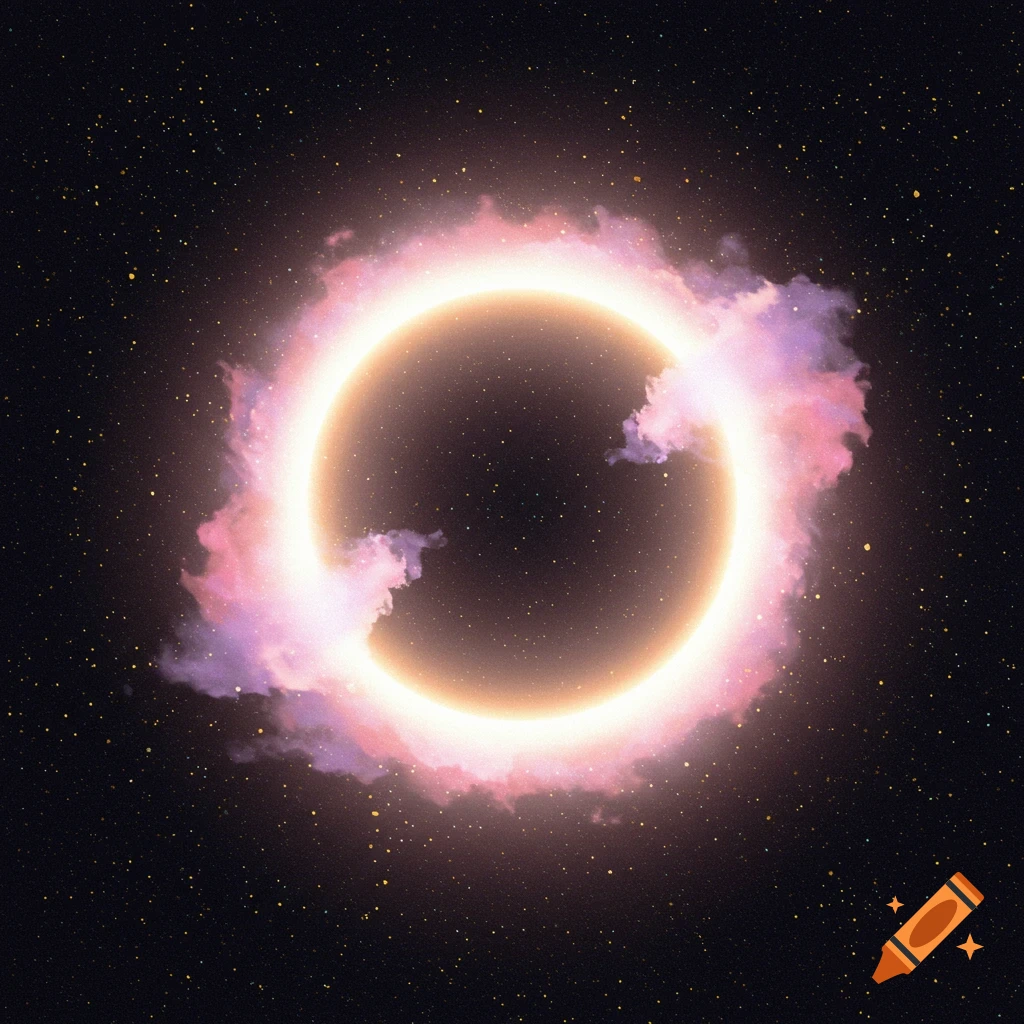 Bright glowing ring surrounded by pink and purple clouds in a starry ...