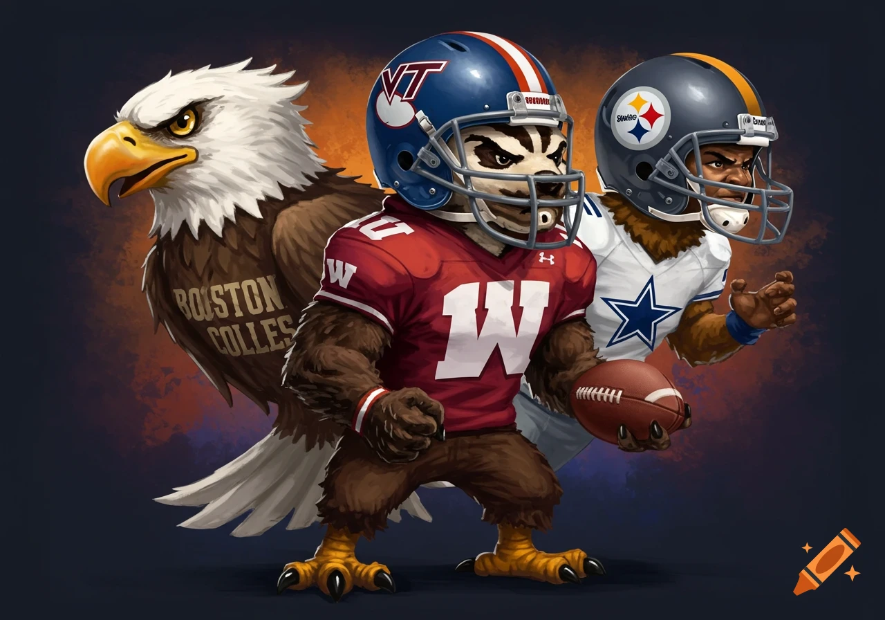 Stylized football mascots representing college and NFL teams