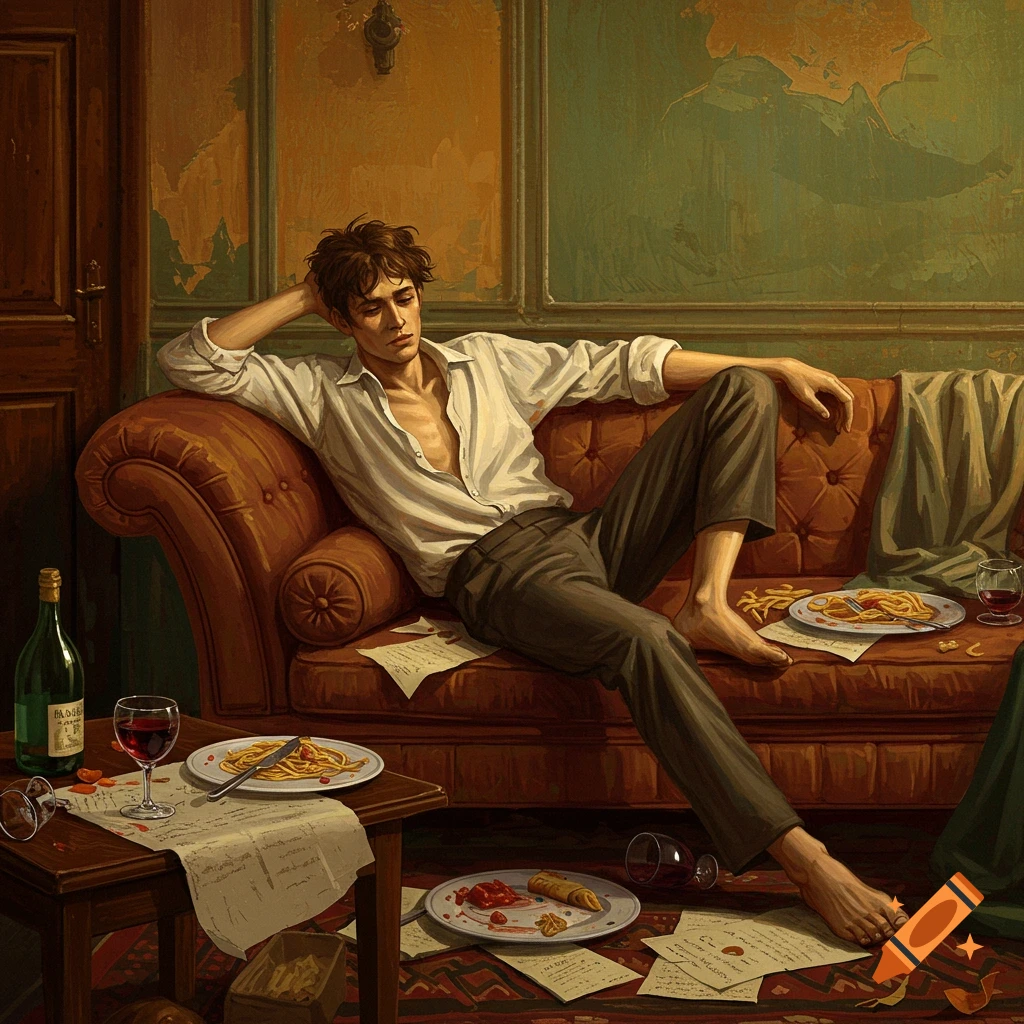 A man in a white shirt lounges on a couch in a messy room filled with papers, food, and wine, in a painterly style.