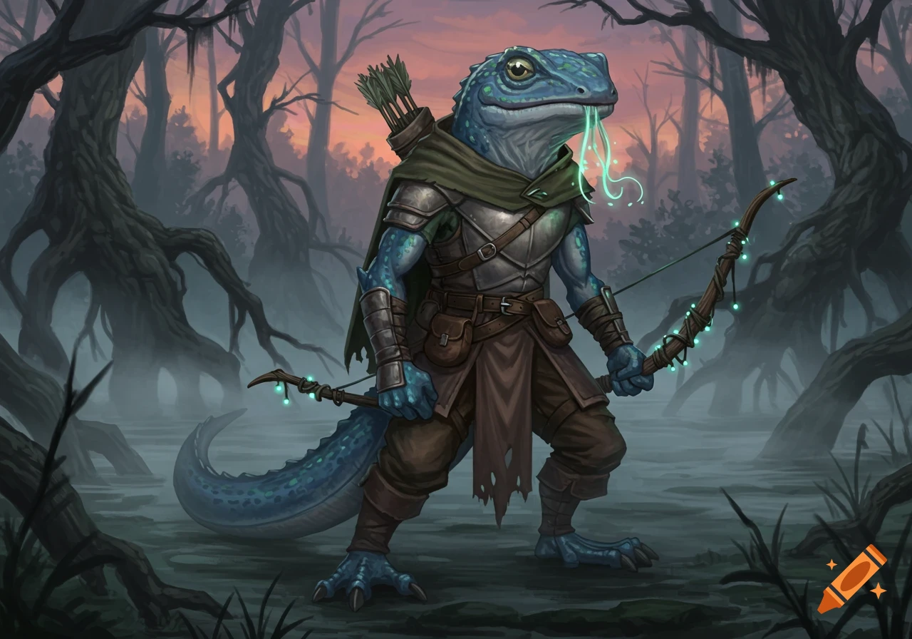 A blue, salamander-like creature in light armor stands in a misty swamp holding a bow.