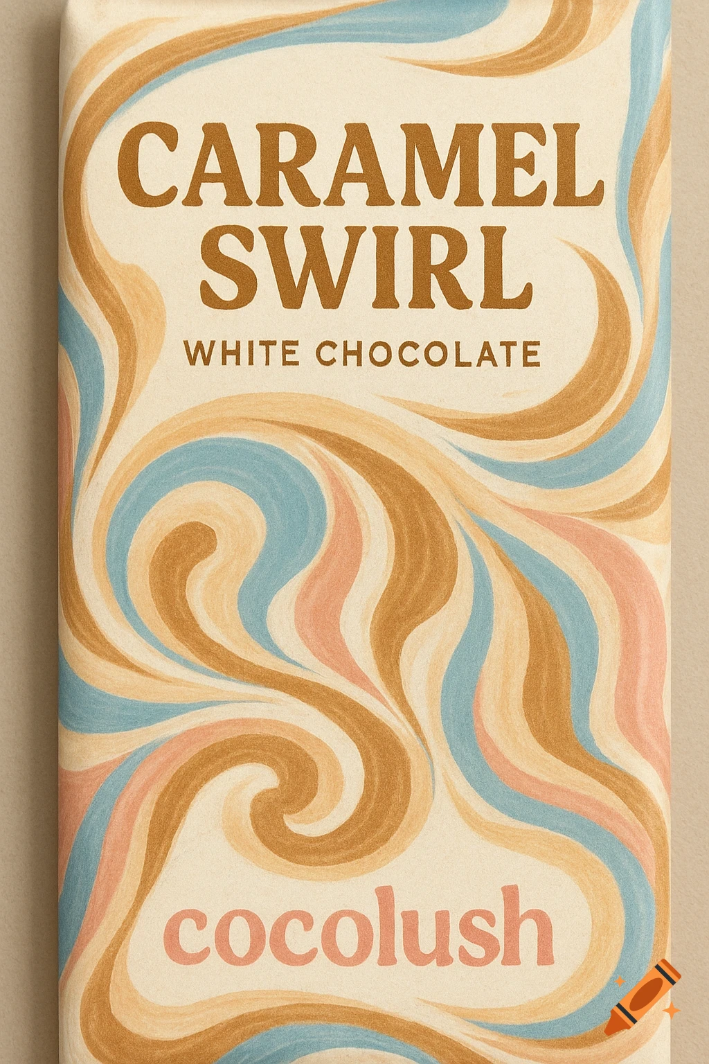 Chocolate bar wrapper with Caramel Swirl text and pastel swirls.