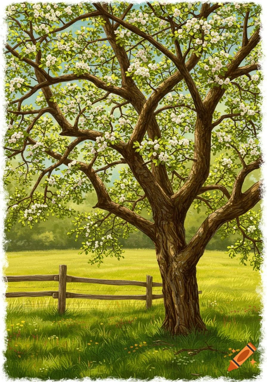 Painterly illustration of a flowering tree in a grassy field with a wooden fence.