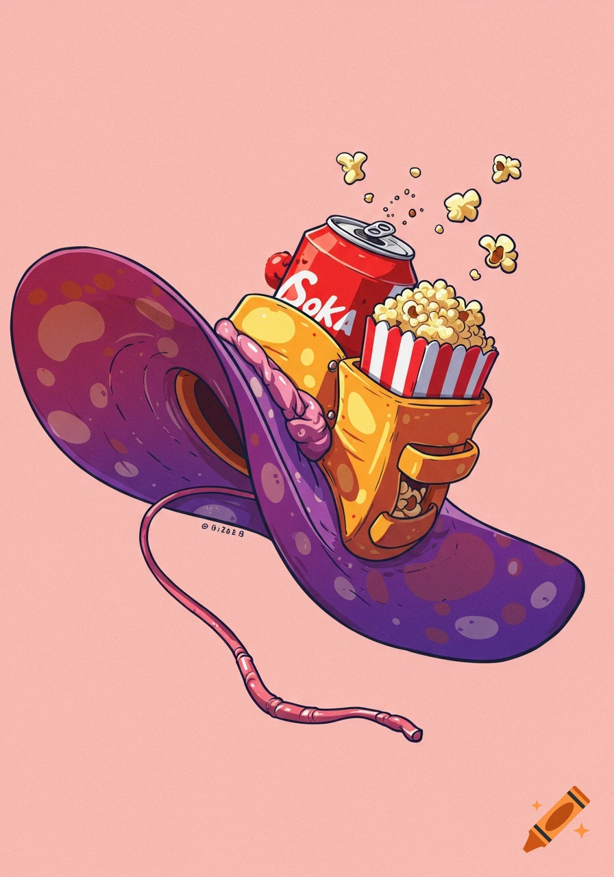 Stylized illustration of a purple hat with an attached compartment holding popcorn and a red soda can.