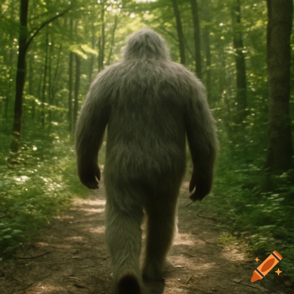 A furry yeti walks away from the camera on a sun-dappled forest path.