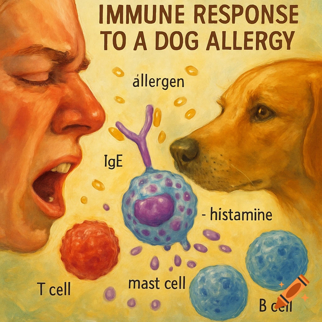 Illustration showing the immune response to a dog allergy, with labels for cells and molecules.
