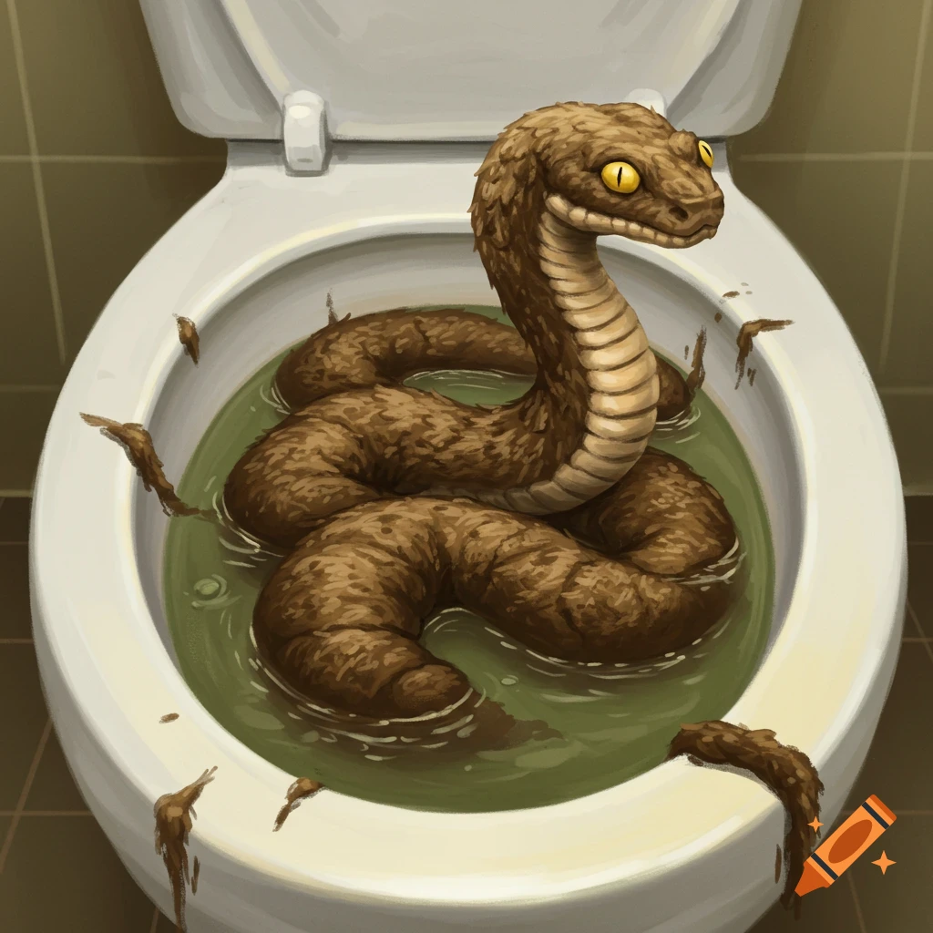 A large brown snake made of lumpy material sits in a toilet bowl filled with greenish water.