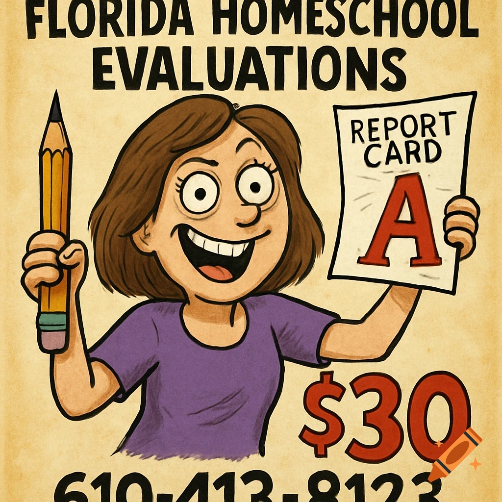 A cartoon of a smiling woman holding a large pencil and a report card with an 'A', advertising Florida Homeschool Evaluations for $30.