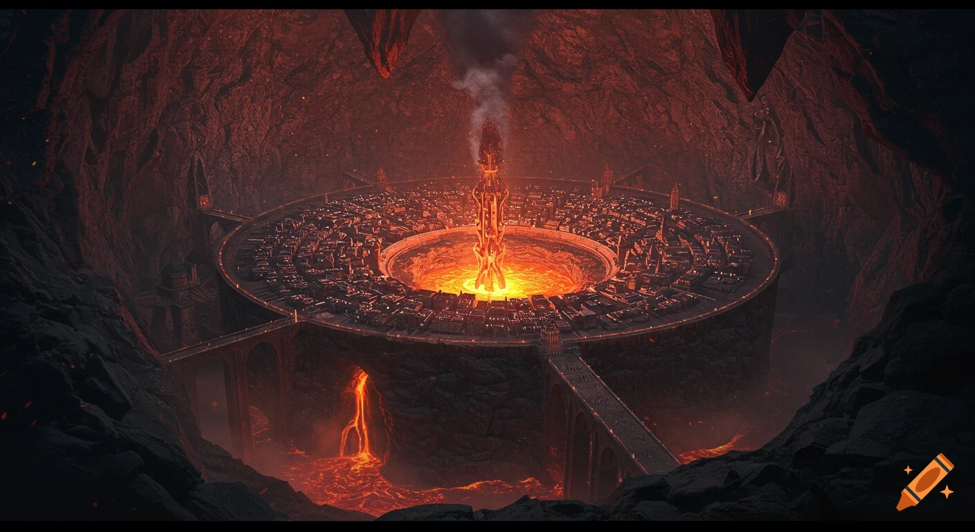 A circular fantasy city built inside a volcanic caldera around a lava pit.
