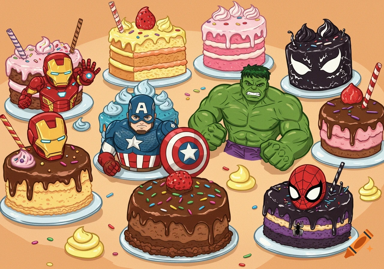 Cartoon illustration of cakes decorated as Marvel superheroes and villains like Iron Man, Captain America, Hulk, Venom, and Spider-Man.