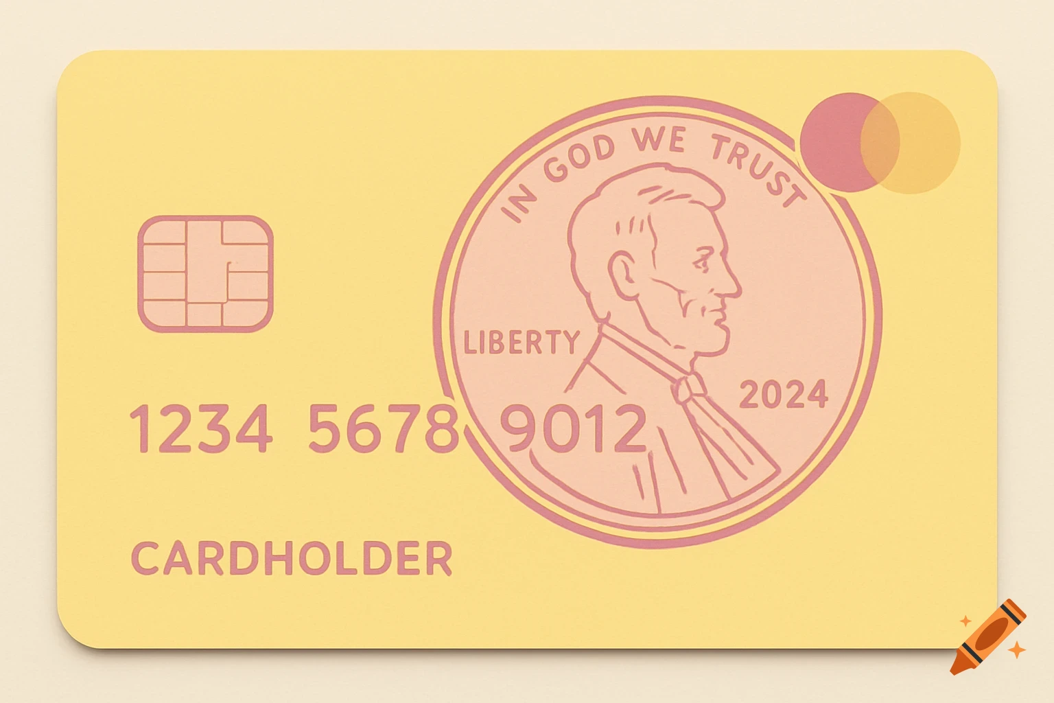Stylized yellow credit card with a pink penny illustration of Lincoln, numbers, and text.