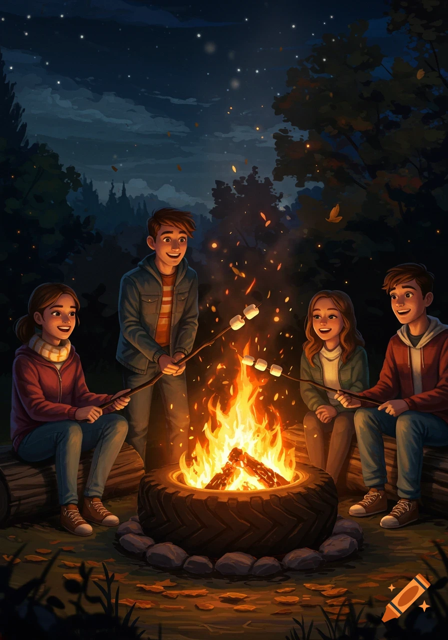 Stylized illustration of four kids roasting marshmallows over a tire fire at night in the woods.