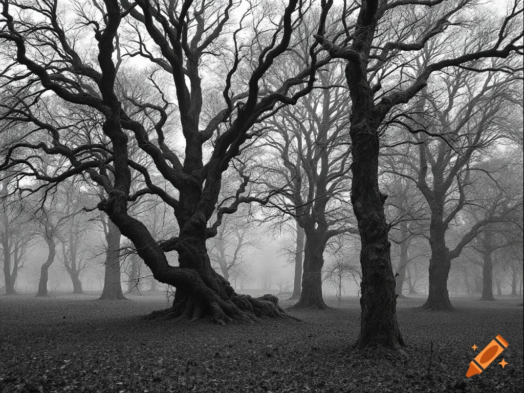 Black and white photograph of bare trees in a foggy forest.