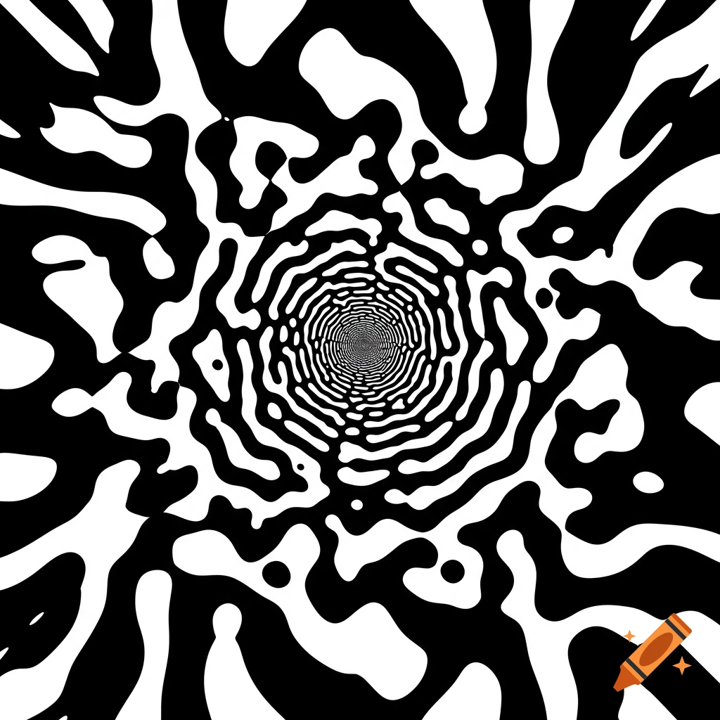 Black and white abstract optical illusion with swirling liquid shapes.