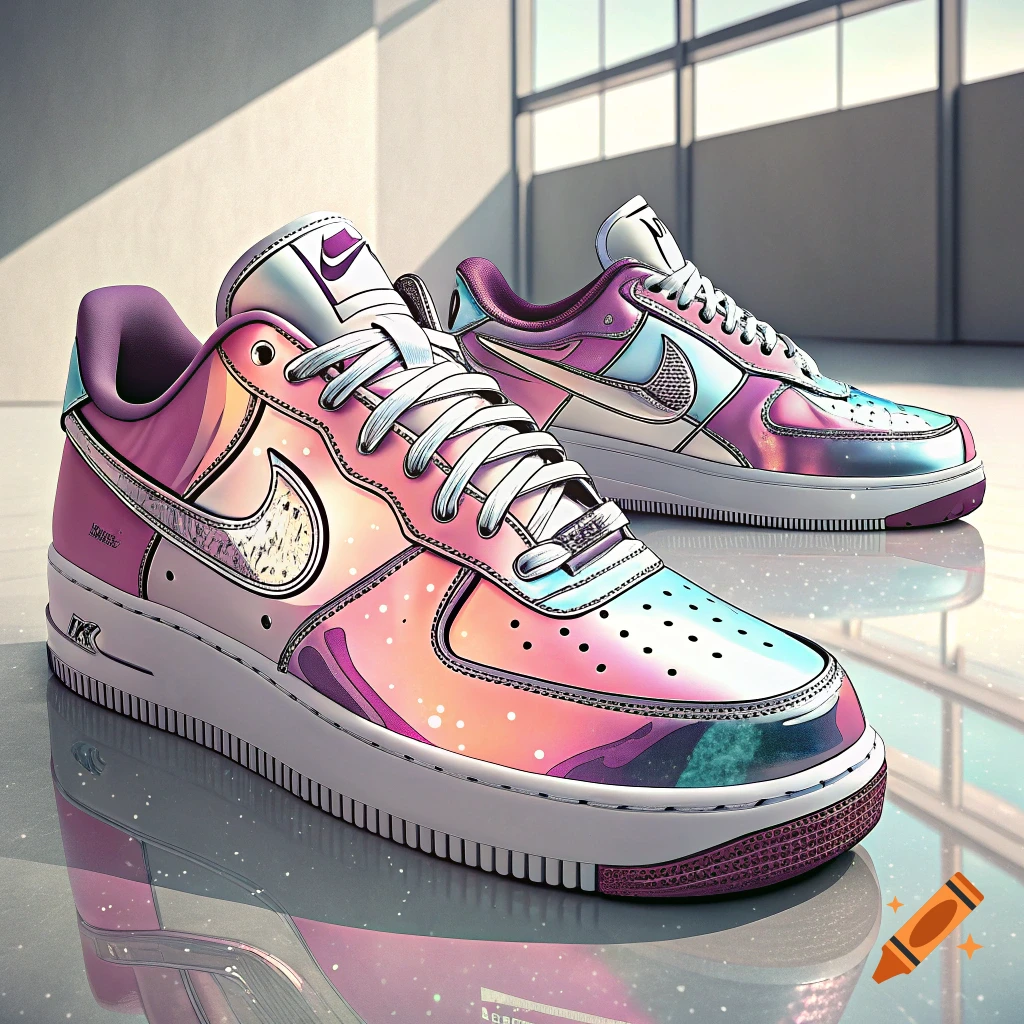 A pair of iridescent sneakers sit on a reflective floor.