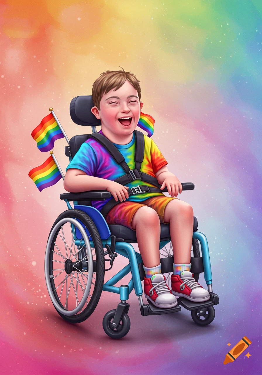 Illustration of a smiling boy with Down syndrome in a wheelchair, wearing tie-dye clothes and surrounded by rainbow flags.