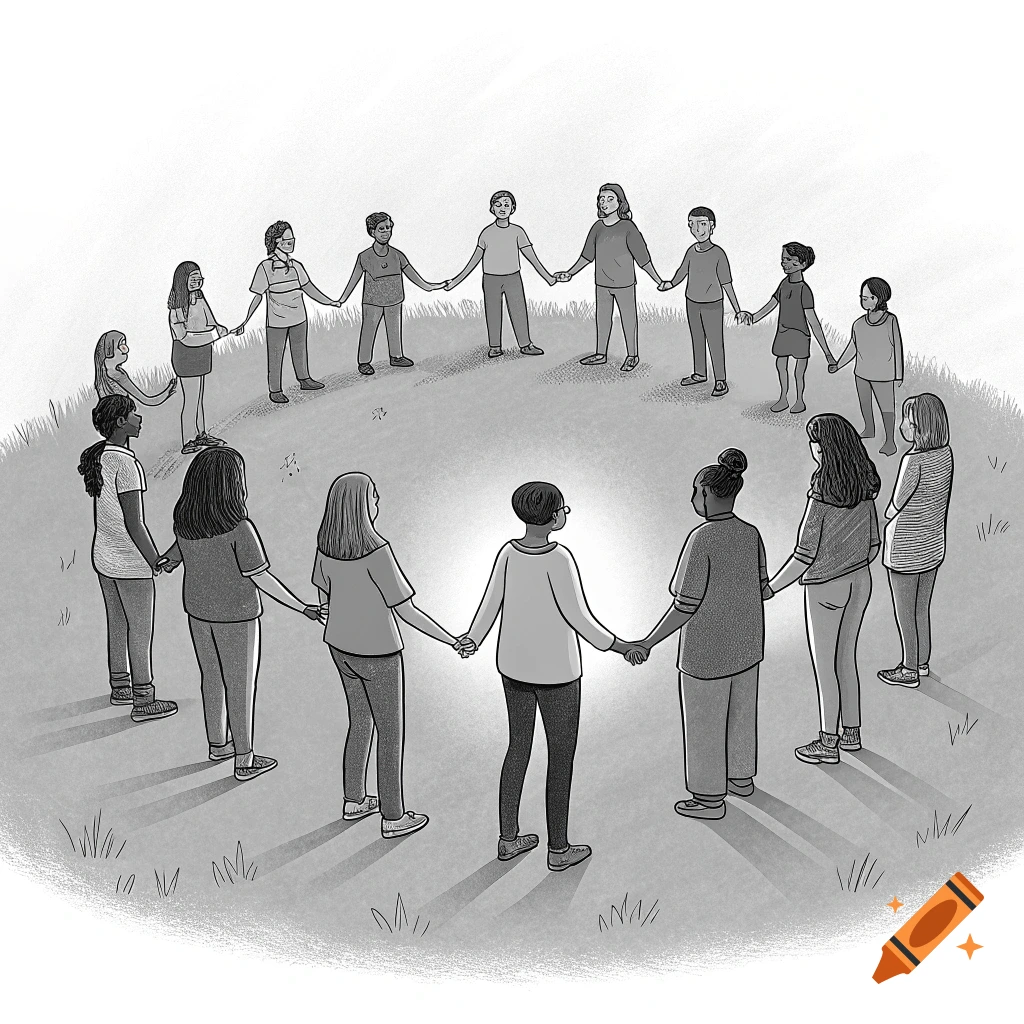 Pencil drawing of a diverse group of people holding hands in a circle on grass with a glowing light in the center.